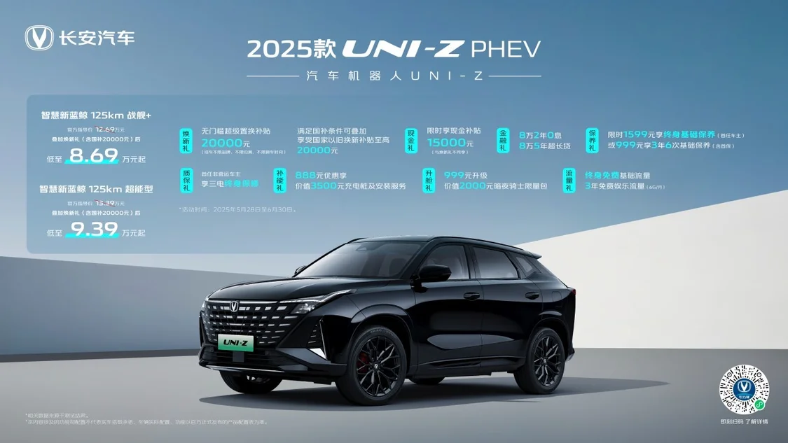 2025款長安UNI-Z上市 燃油版綜合優(yōu)惠價(jià)8.09萬元起/插混版綜合優(yōu)惠價(jià)8.69萬元起