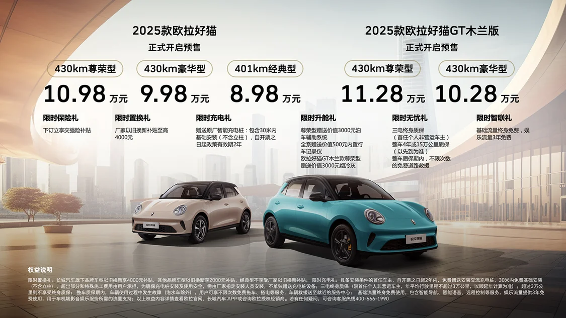 2025款歐拉好貓預售價8.98萬元起 外觀內(nèi)飾煥新/智能座艙升級