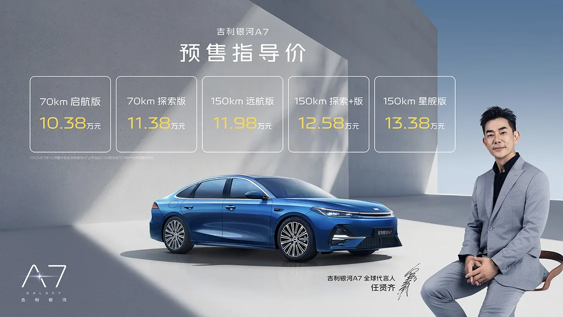 吉利銀河A7預(yù)售價(jià)10.38萬元起 綜合續(xù)航超2100km