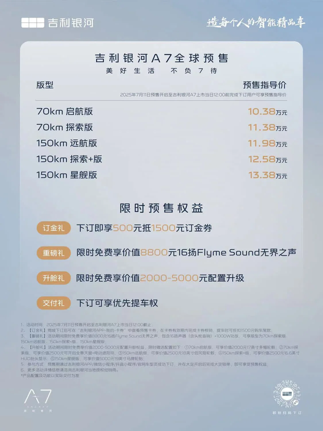 吉利銀河A7預(yù)售價(jià)10.38萬元起 綜合續(xù)航超2100km